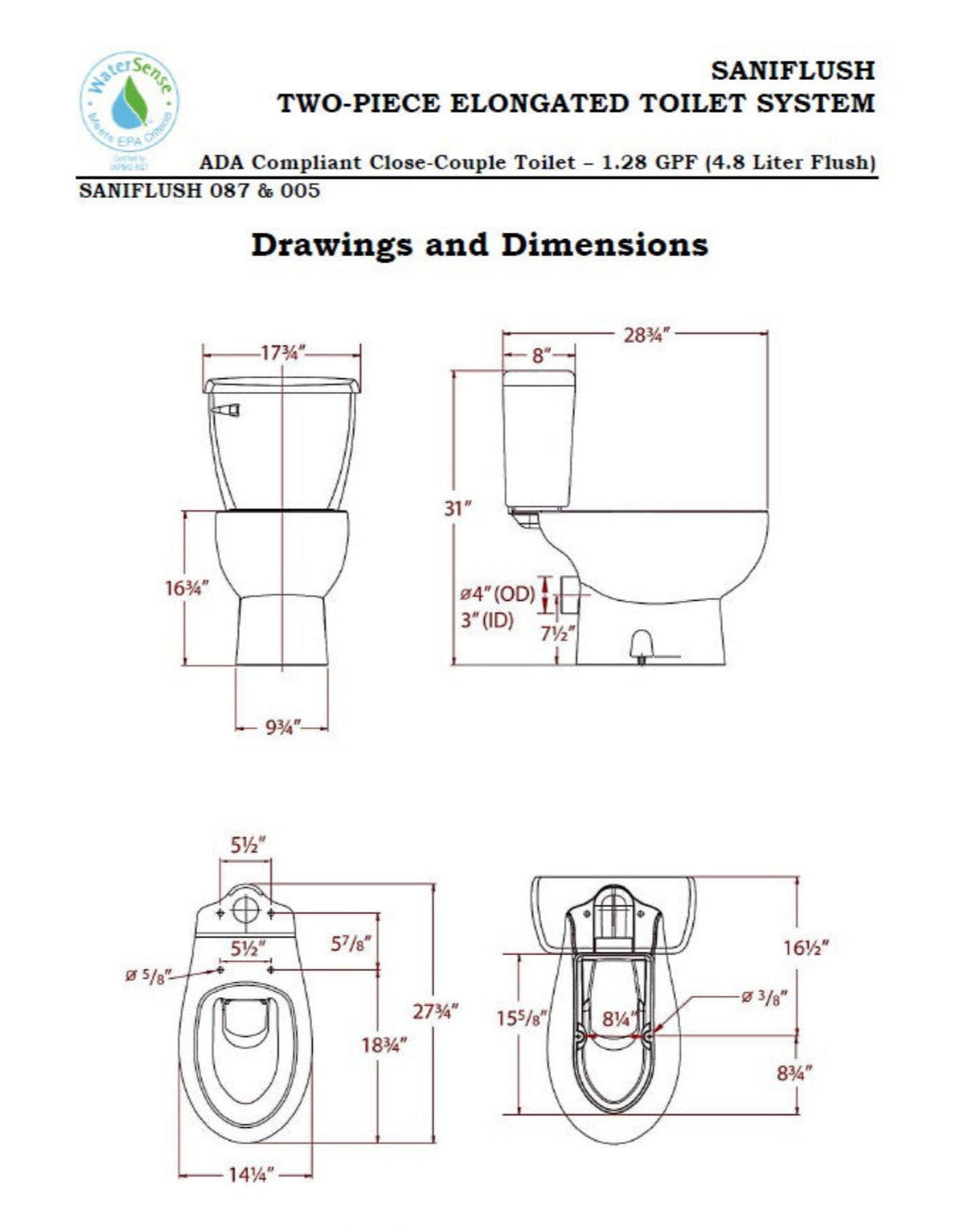 Technical drawings and dimensions of a two-piece elongated toilet system by Saniflush.
