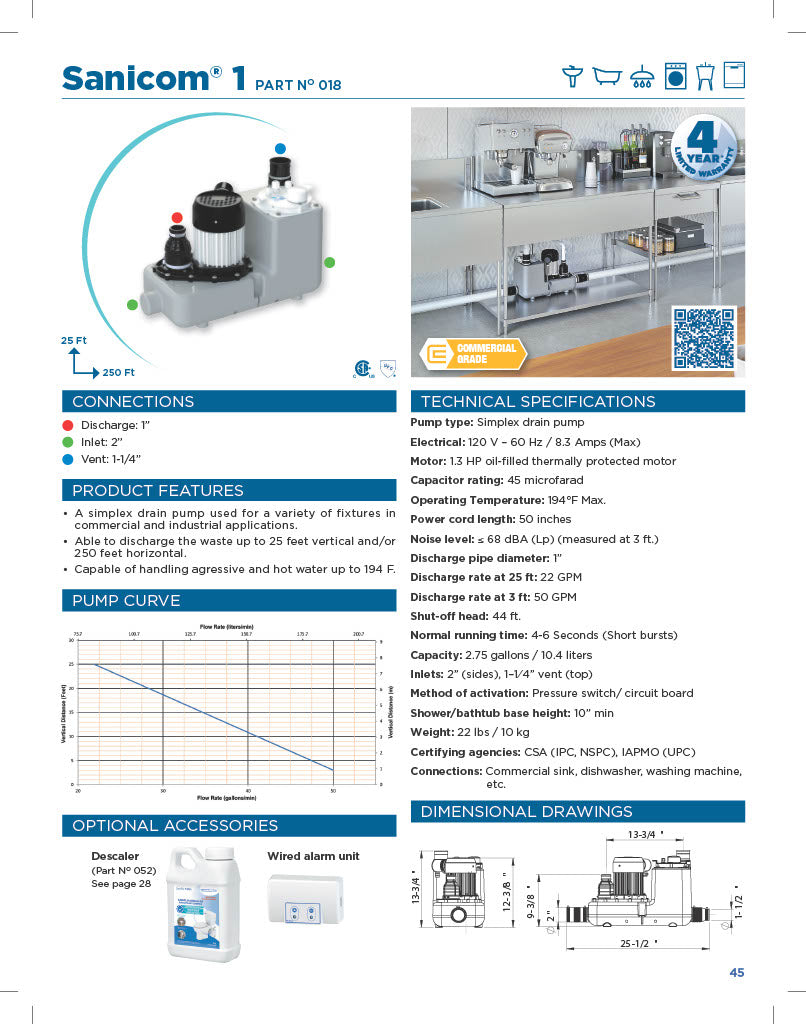 Saniflo Sanicom 1 Heavy Duty/Commercial Gray Water Pump