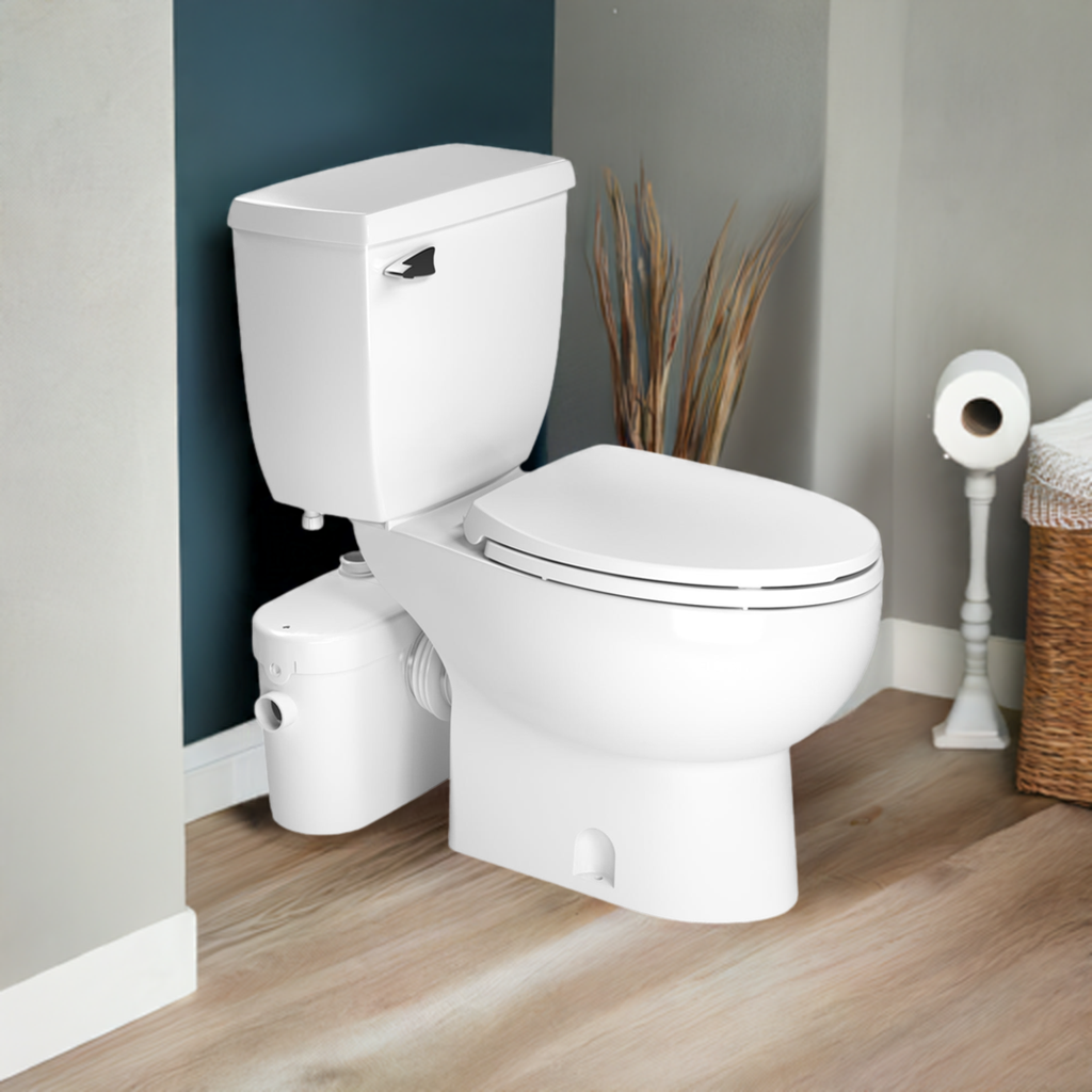 SANIFLO SANIPLUS Elongated Upflush Toilet Kit – 1/2 HP, 15ft Max Head, With Extension Pipe & Alarm